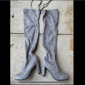 Knee high fabric heel boots